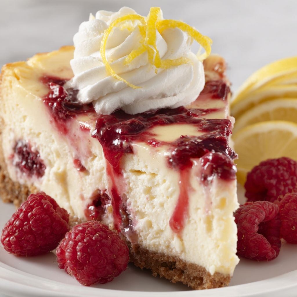A slice of lemon raspberry cheesecake with a lemon wedge on top.
