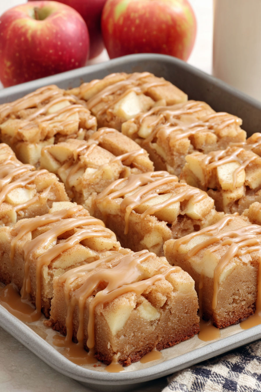 A pan of brownies with apples.