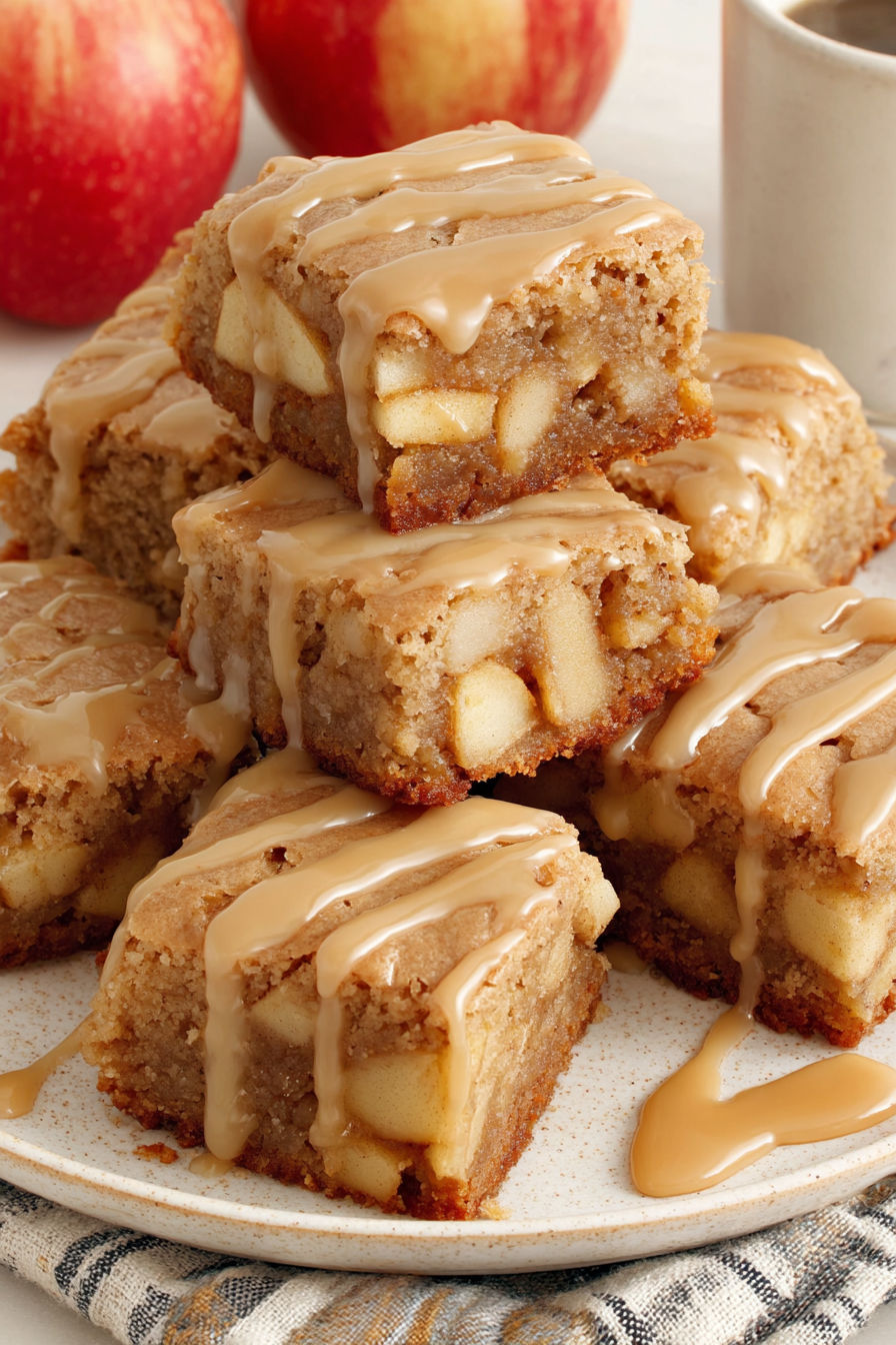 A stack of brownies with caramel drizzled on top.