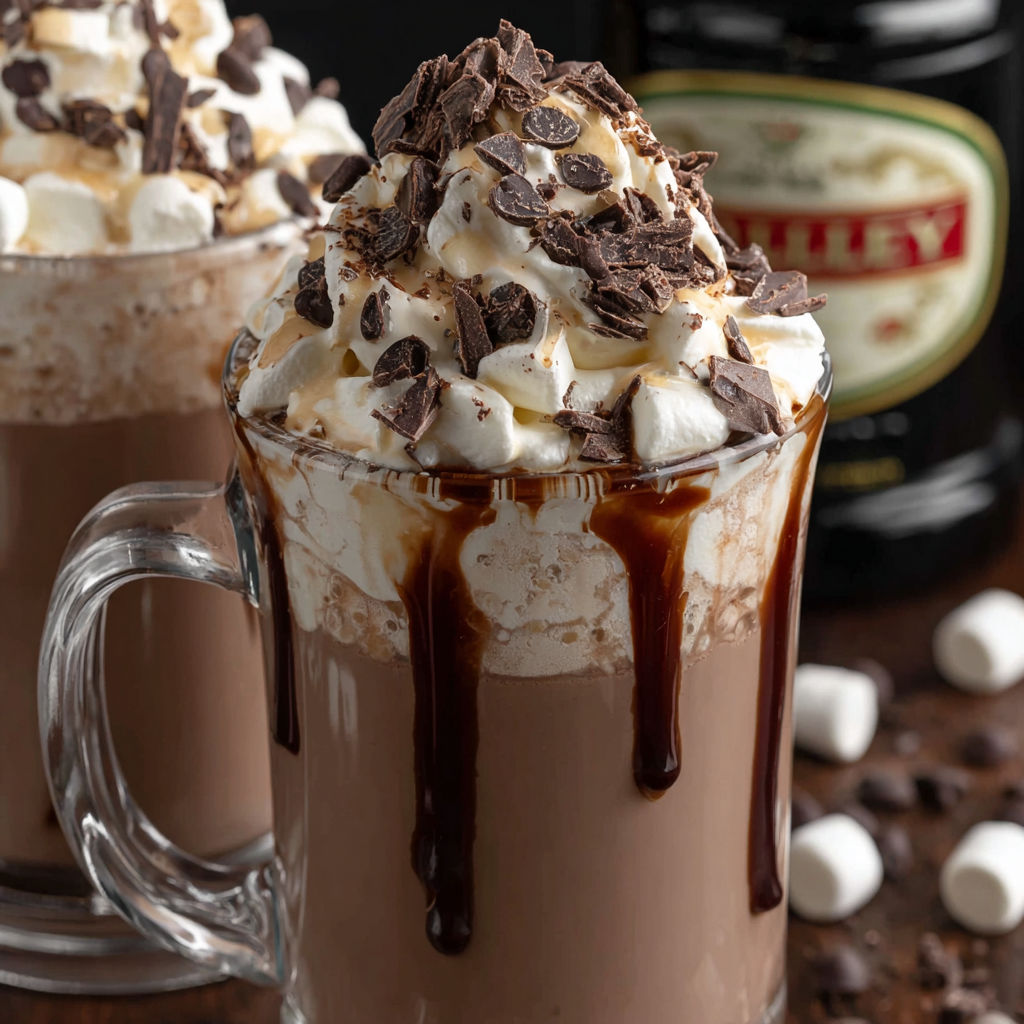 Two glasses of Baileys hot chocolate.