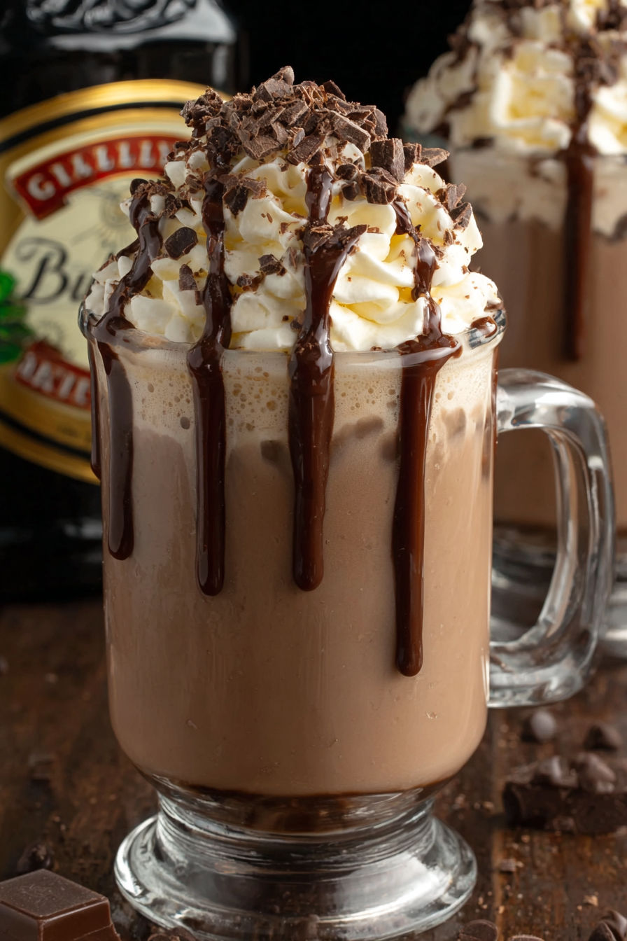 A glass of Baileys Hot Chocolate with whipped cream.