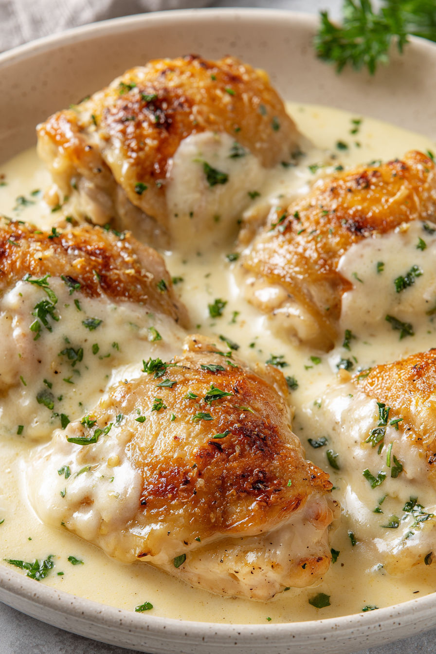 A dish of Amish chicken with sauce.