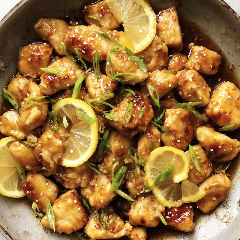 A plate of lemon chicken with lemon wedges on top.