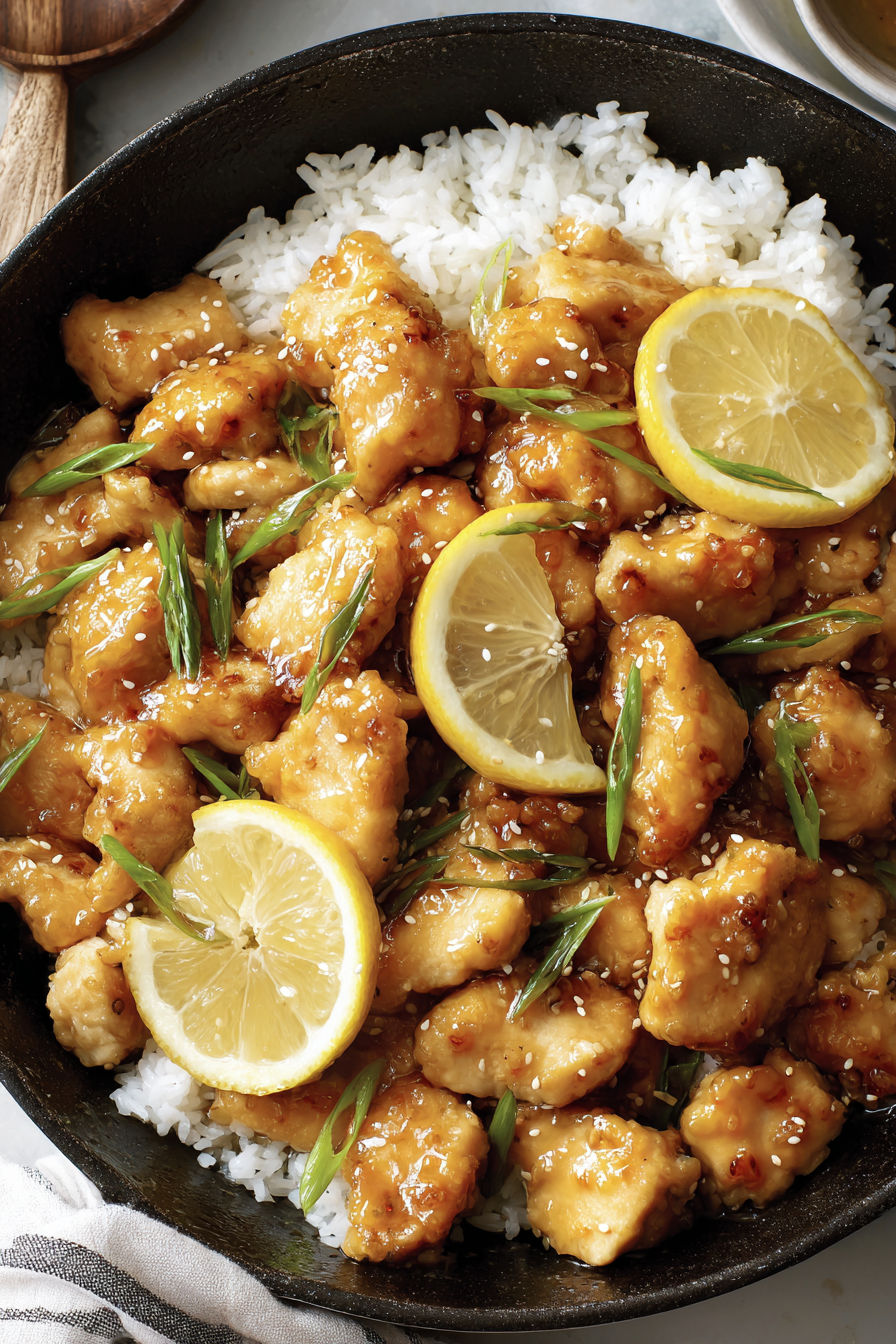 A bowl of chicken with lemon and rice.