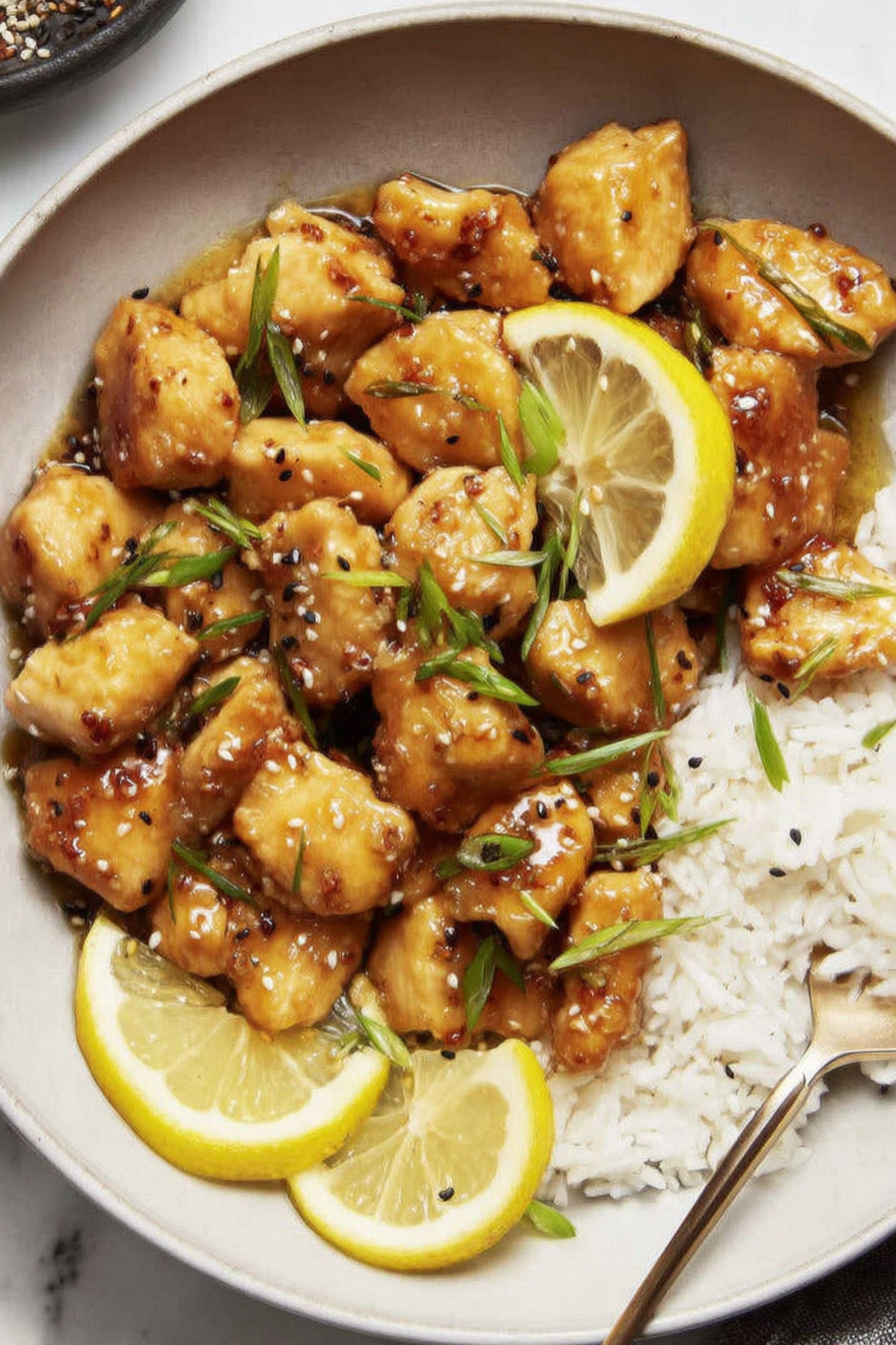 A plate of chicken with lemon and rice.