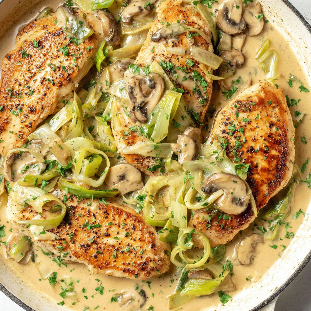 A pan of chicken with mushrooms and a creamy leek sauce.