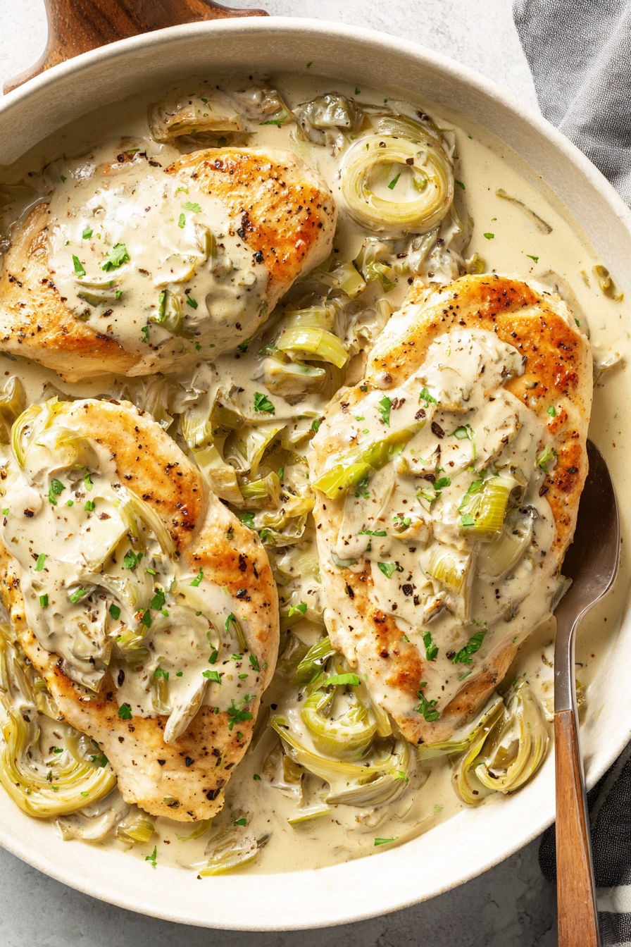 Chicken with creamy leek sauce.
