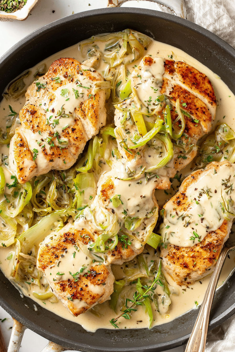 Chicken with creamy leek sauce.