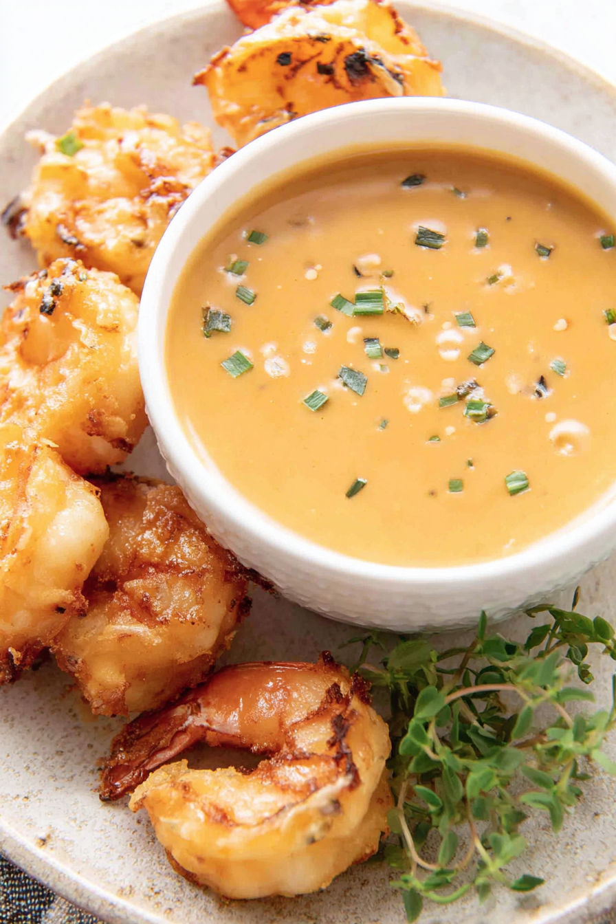A bowl of Easy Bang Bang Sauce with shrimp.