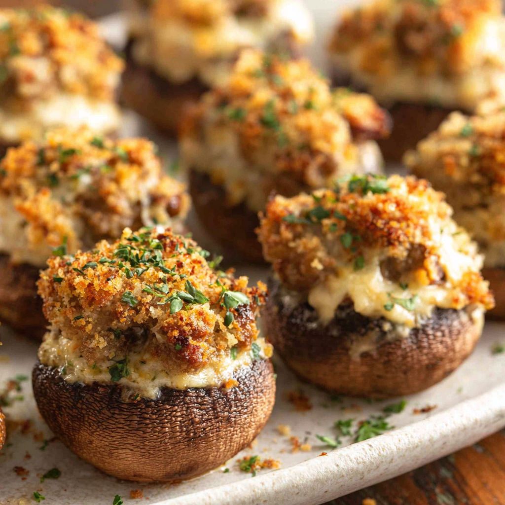 A plate of sausage stuffed mushrooms.