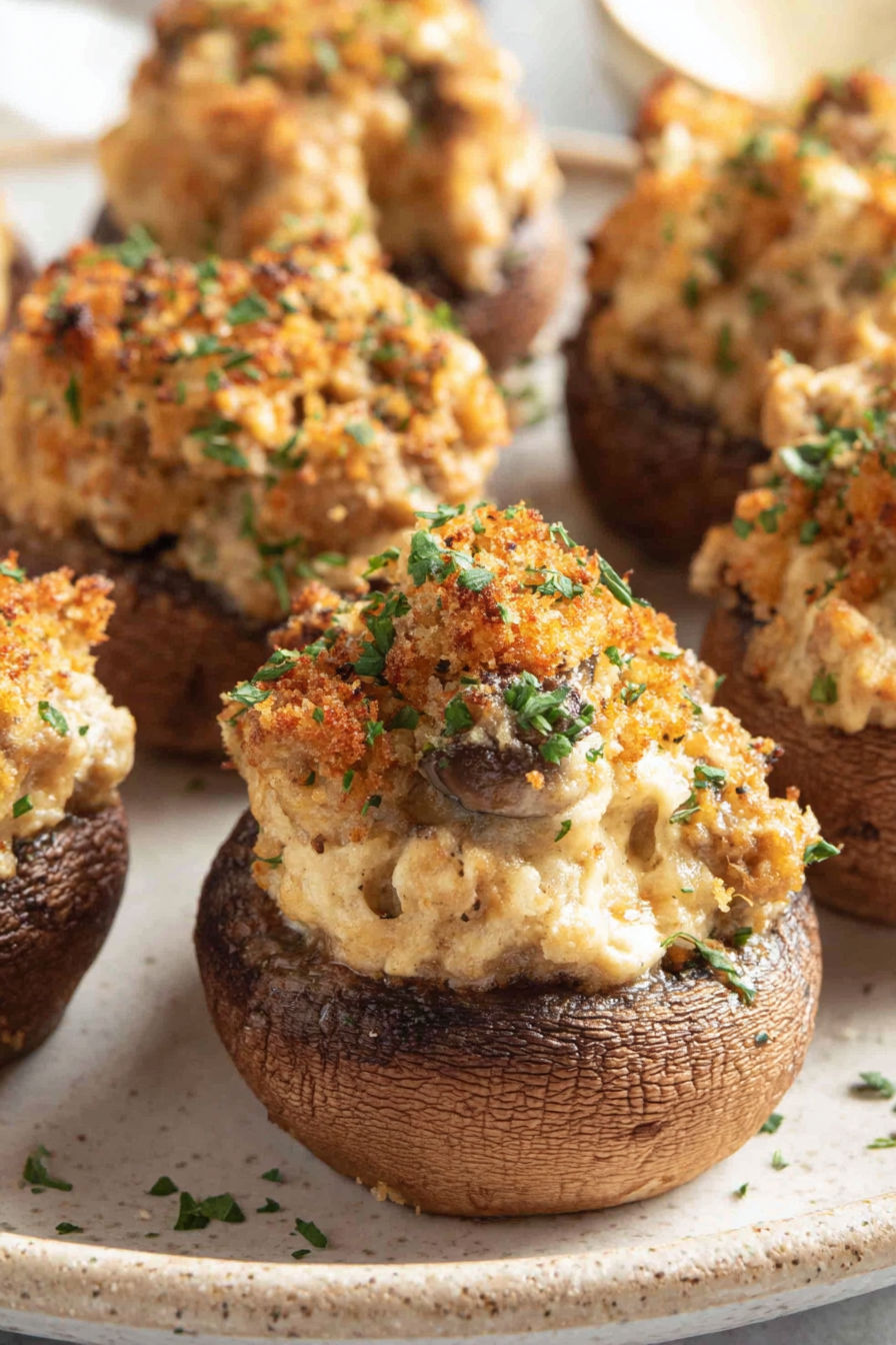 Sausage stuffed mushrooms with cheese and herbs.