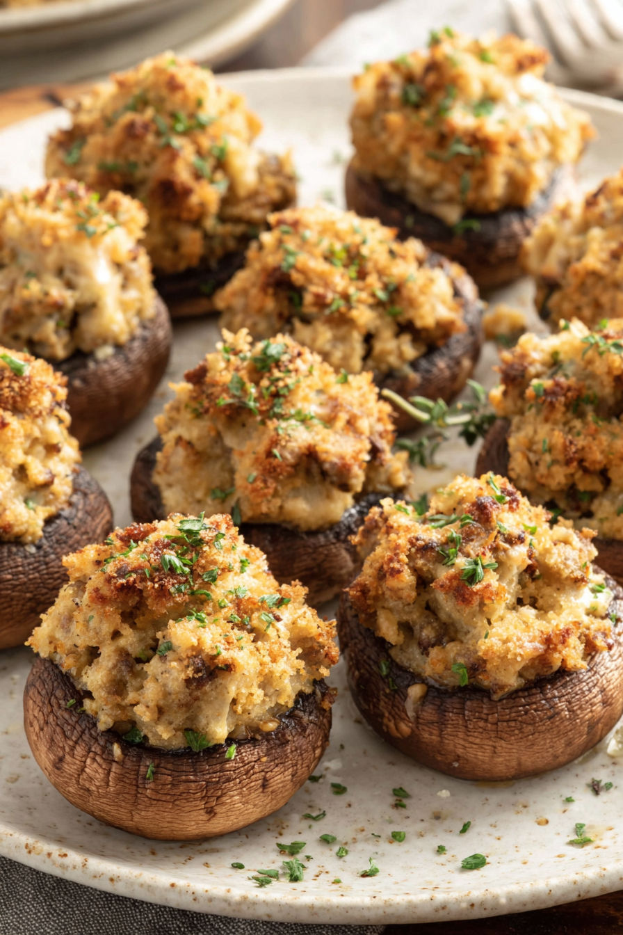 Sausage stuffed mushrooms on a table.