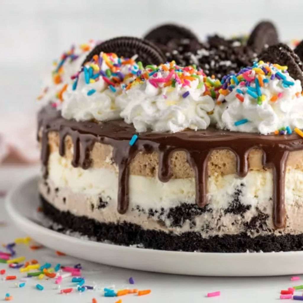 A close up of a delicious looking ice cream cake.