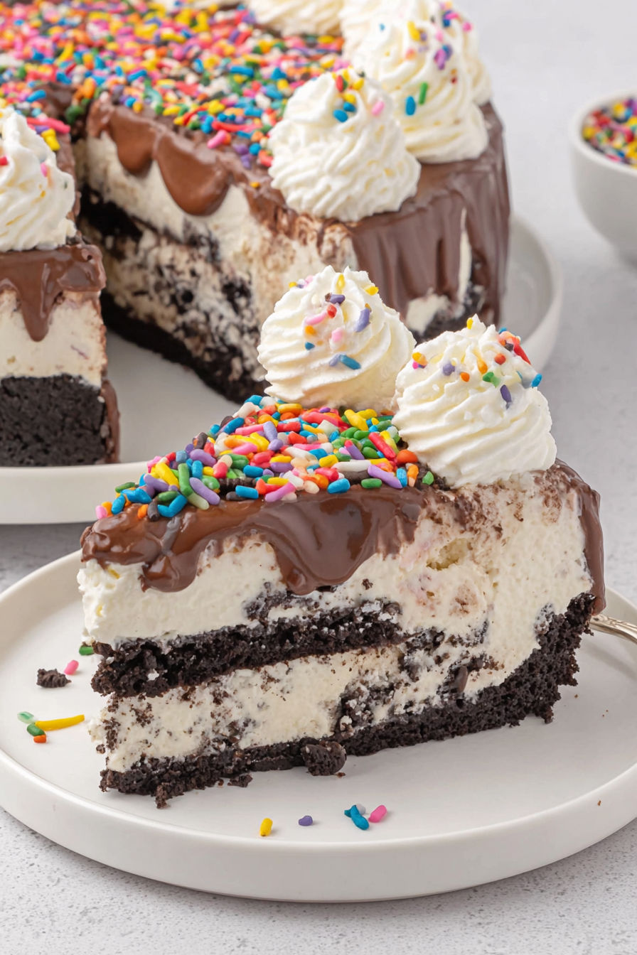A slice of a chocolate and vanilla ice cream cake.