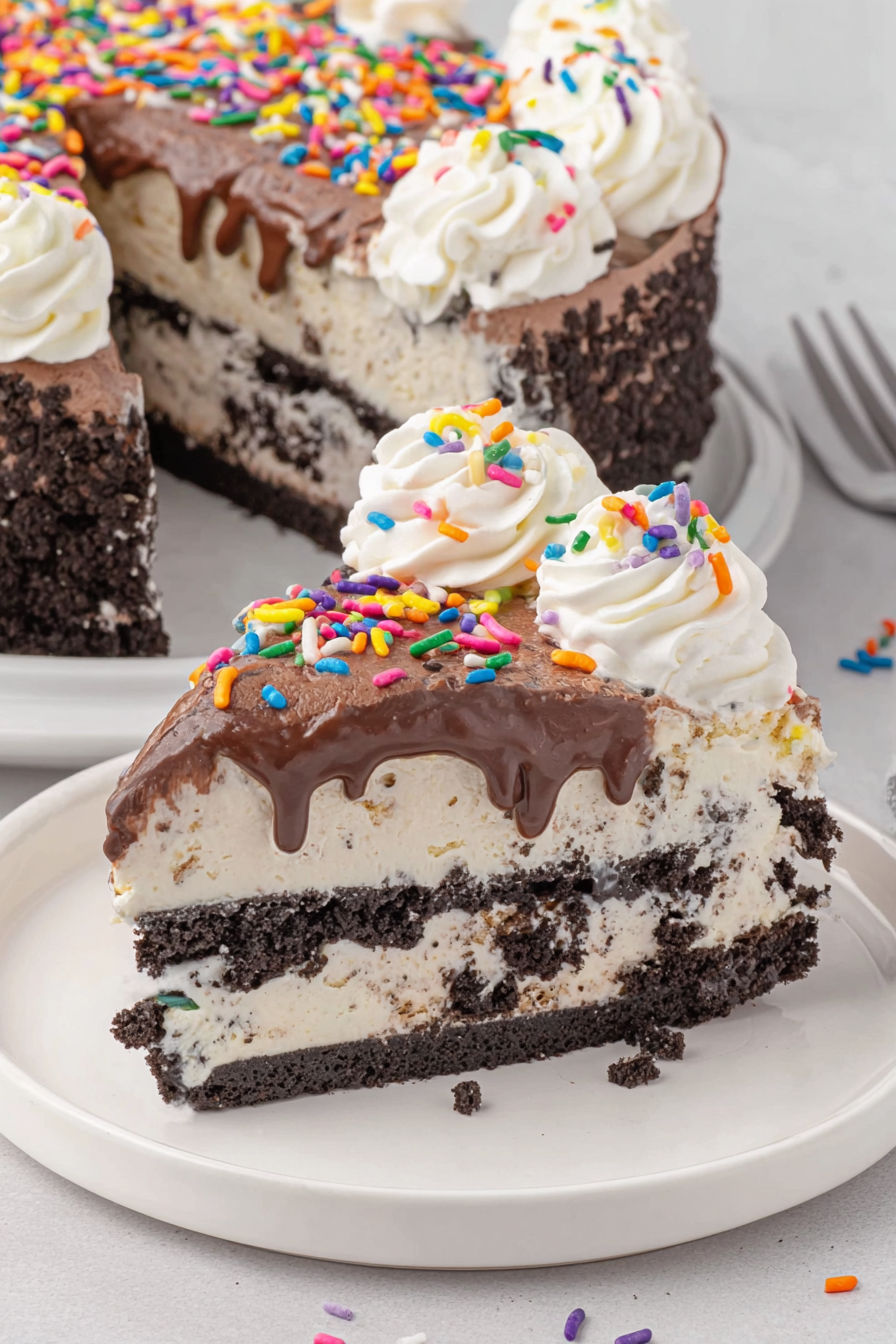 A slice of a chocolate and vanilla ice cream cake.