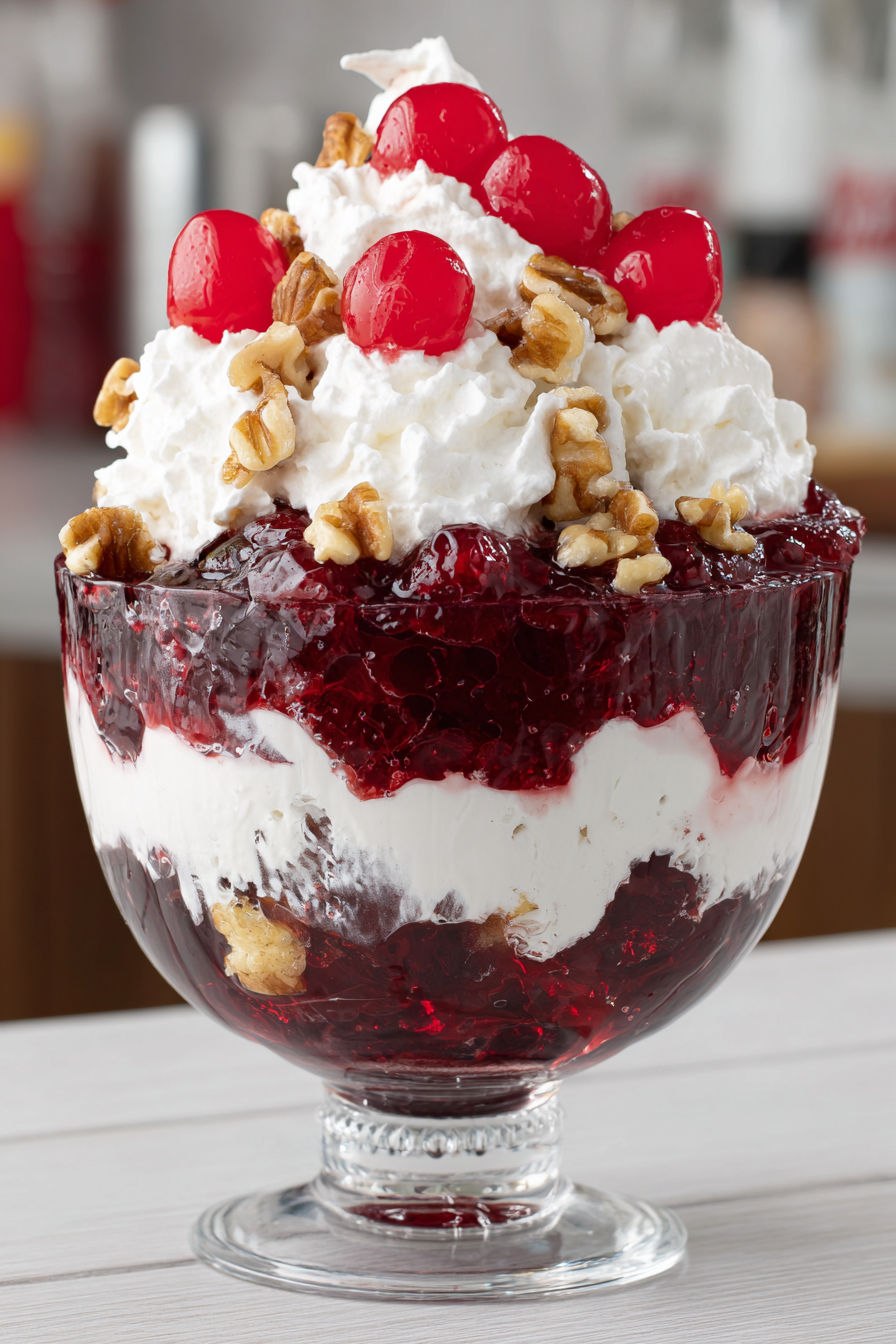 A Coca Cola Trifle with whipped cream and nuts.