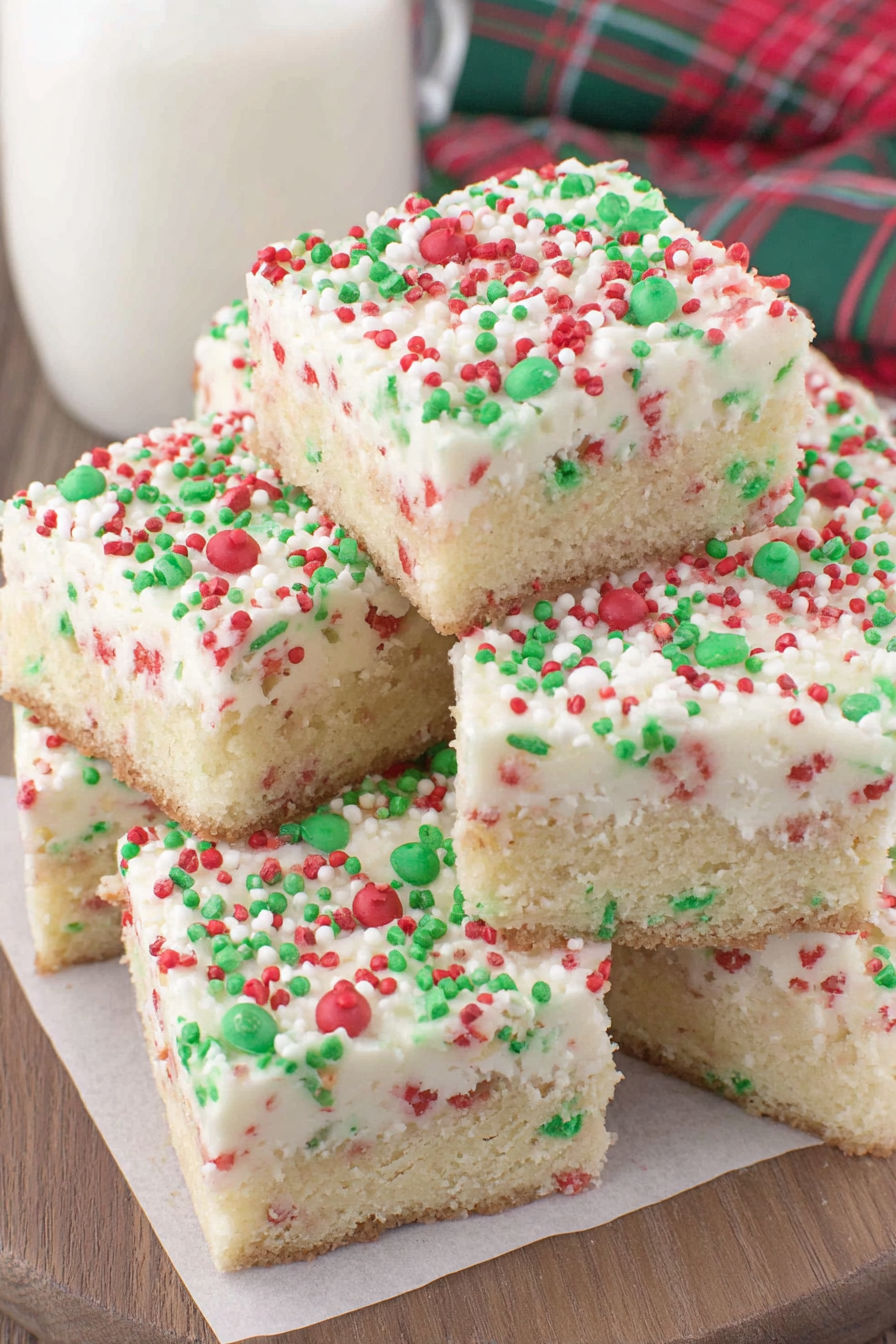 A stack of Christmas sugar cookie bars.