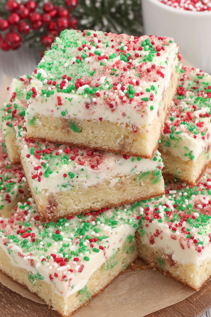A stack of Christmas sugar cookie bars.