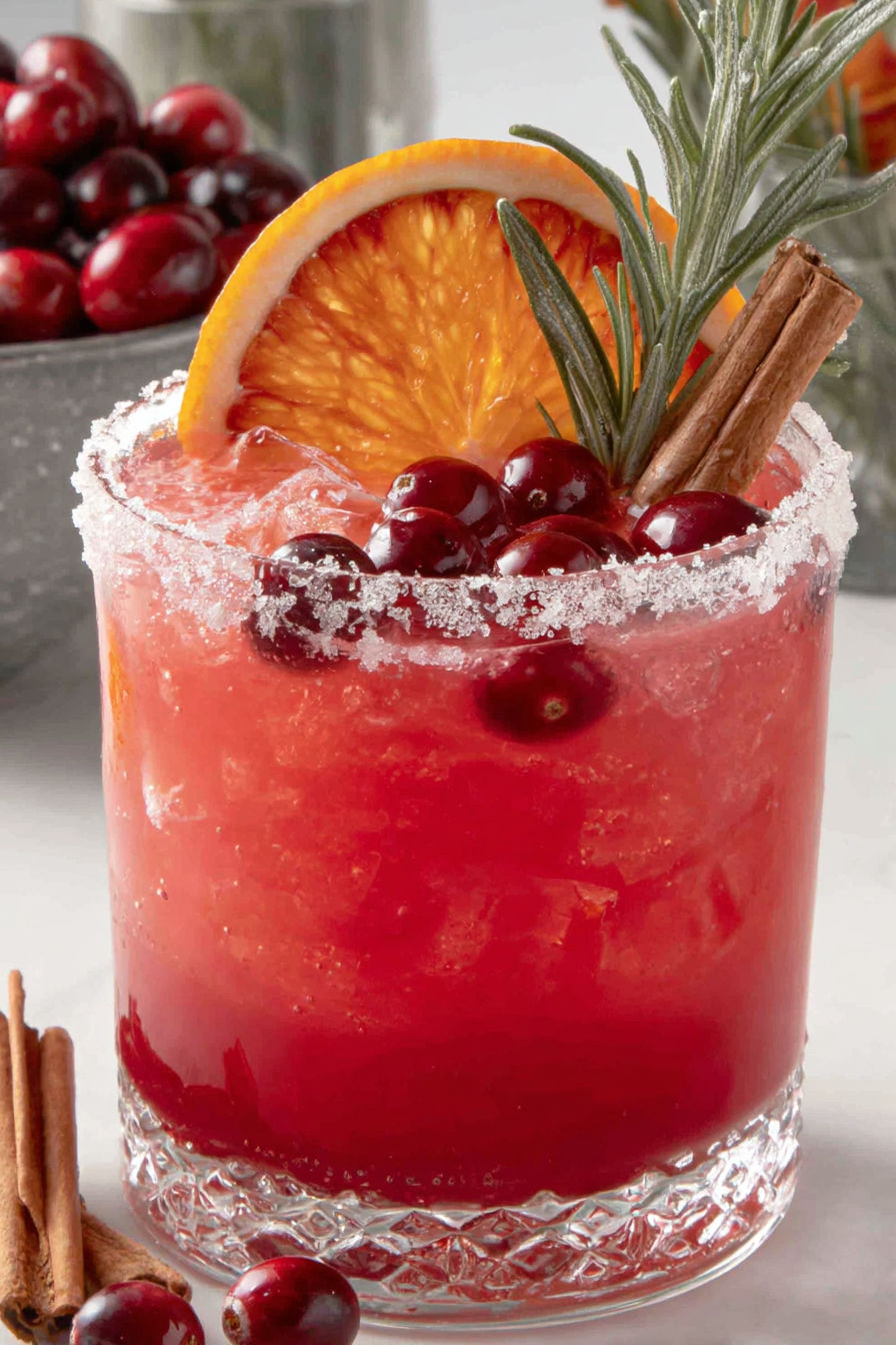 A glass of cranberry Christmas cocktail with a slice of orange and cinnamon.