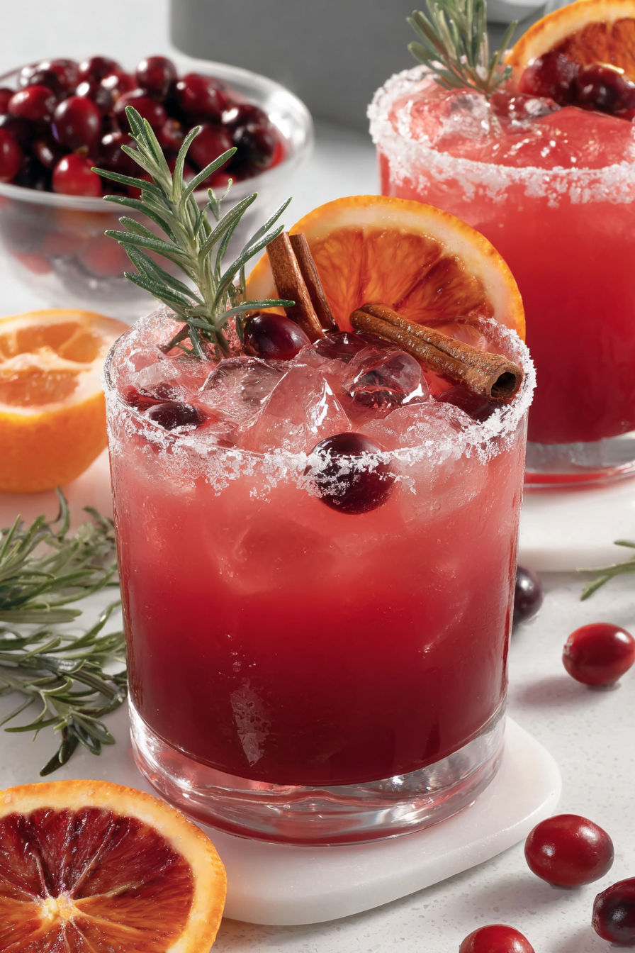 A glass of cranberry Christmas cocktail with a cinnamon stick in it.