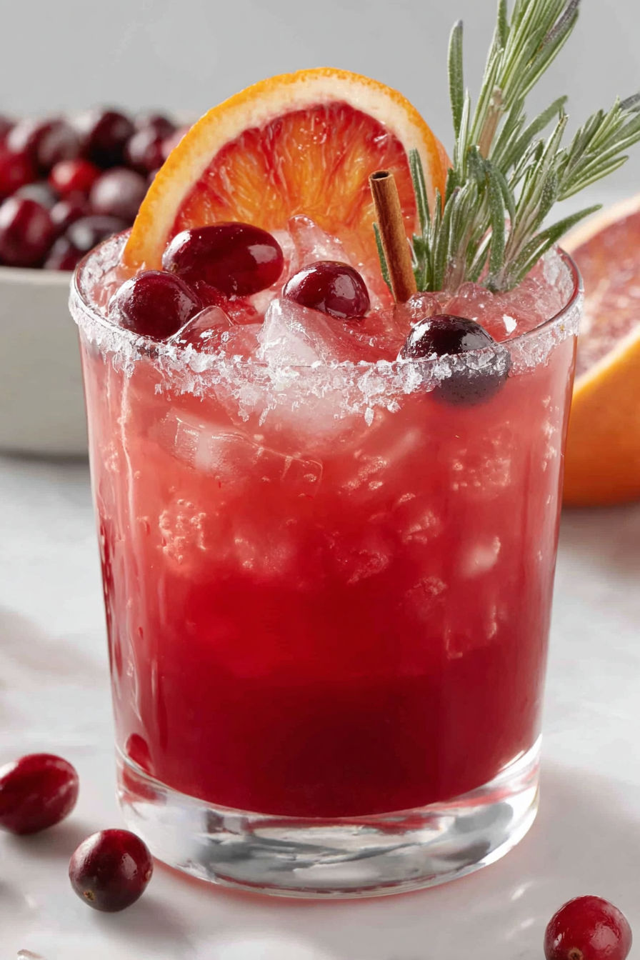 A glass of Cranberry Christmas Cocktail.