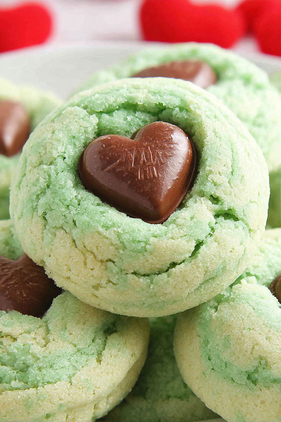 A green cookie with a heart shaped chocolate chip.
