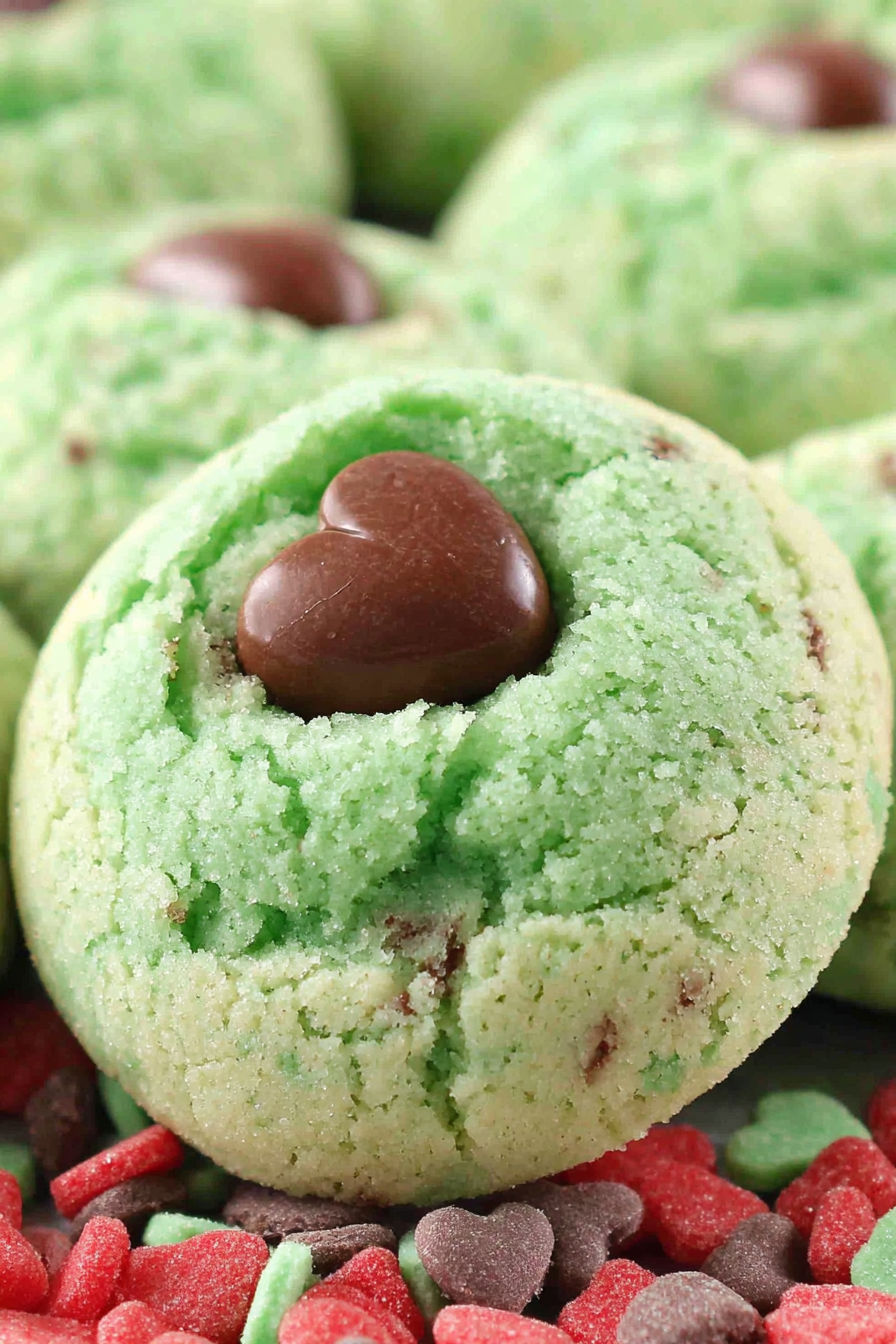A cookie with a heart shaped chocolate chip.