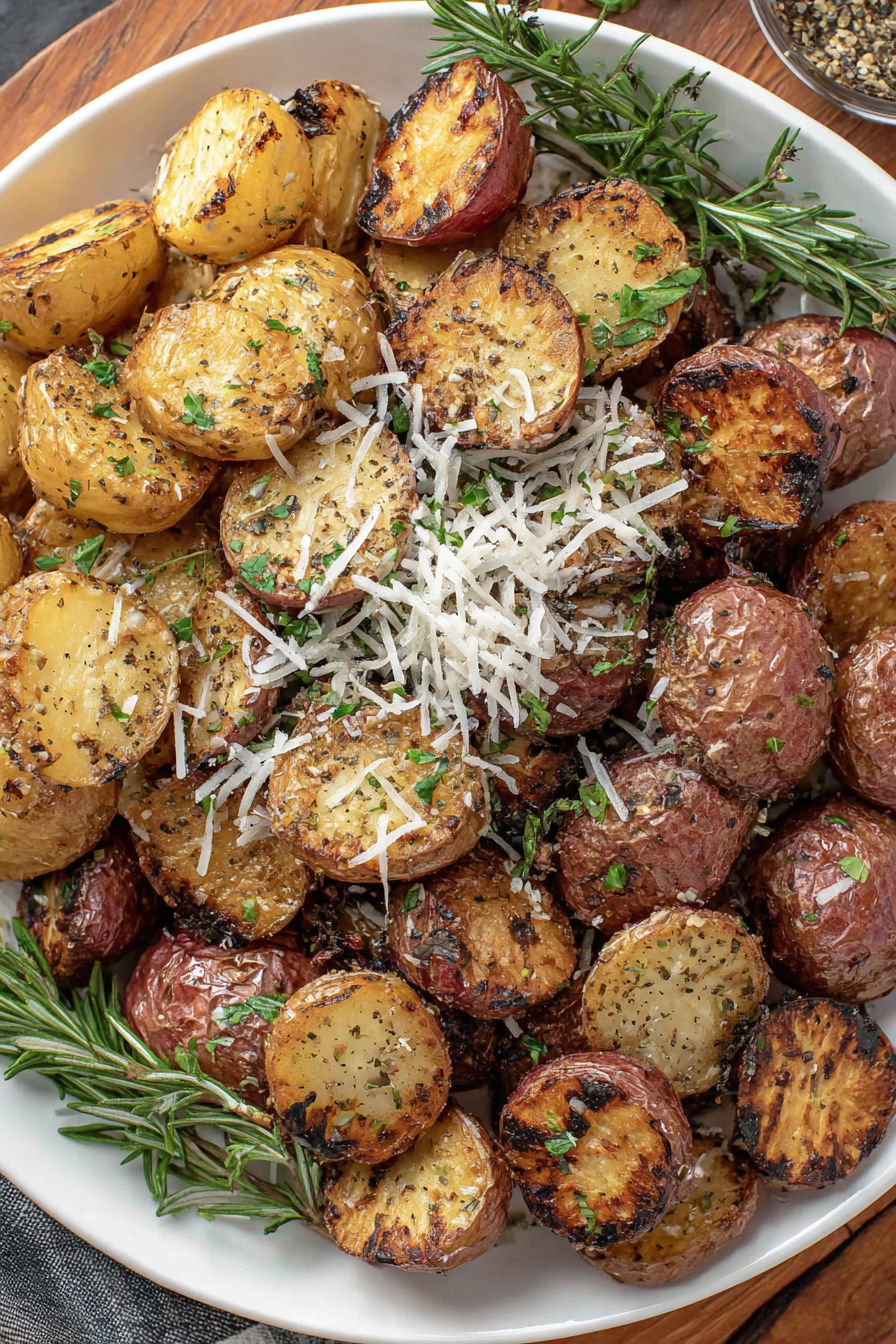 Grilled potatoes with cheese and herbs.