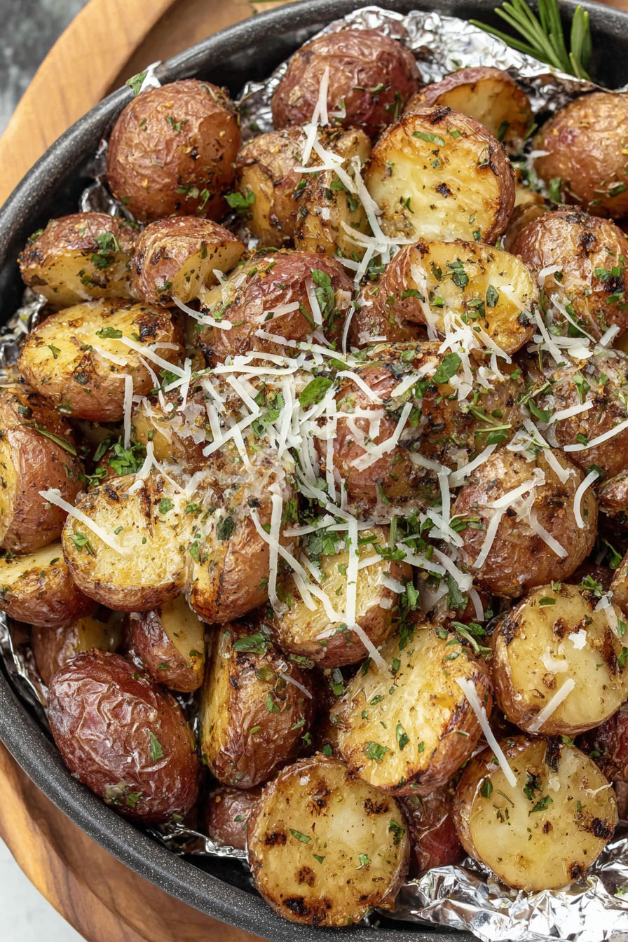 Grilled potatoes with cheese and herbs.