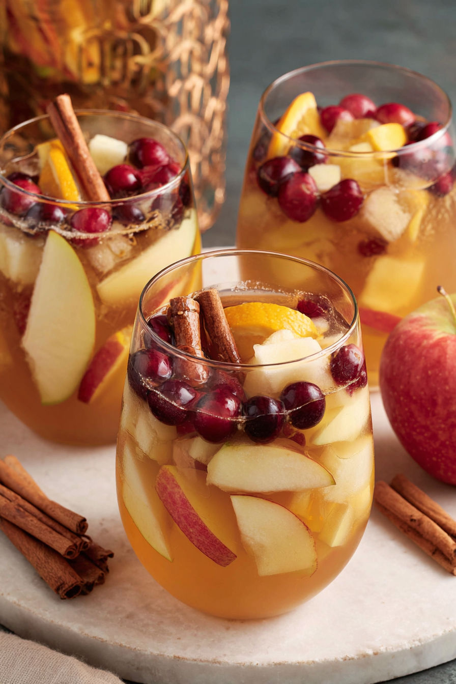 Two glasses of fruit drink with cinnamon sticks in them.