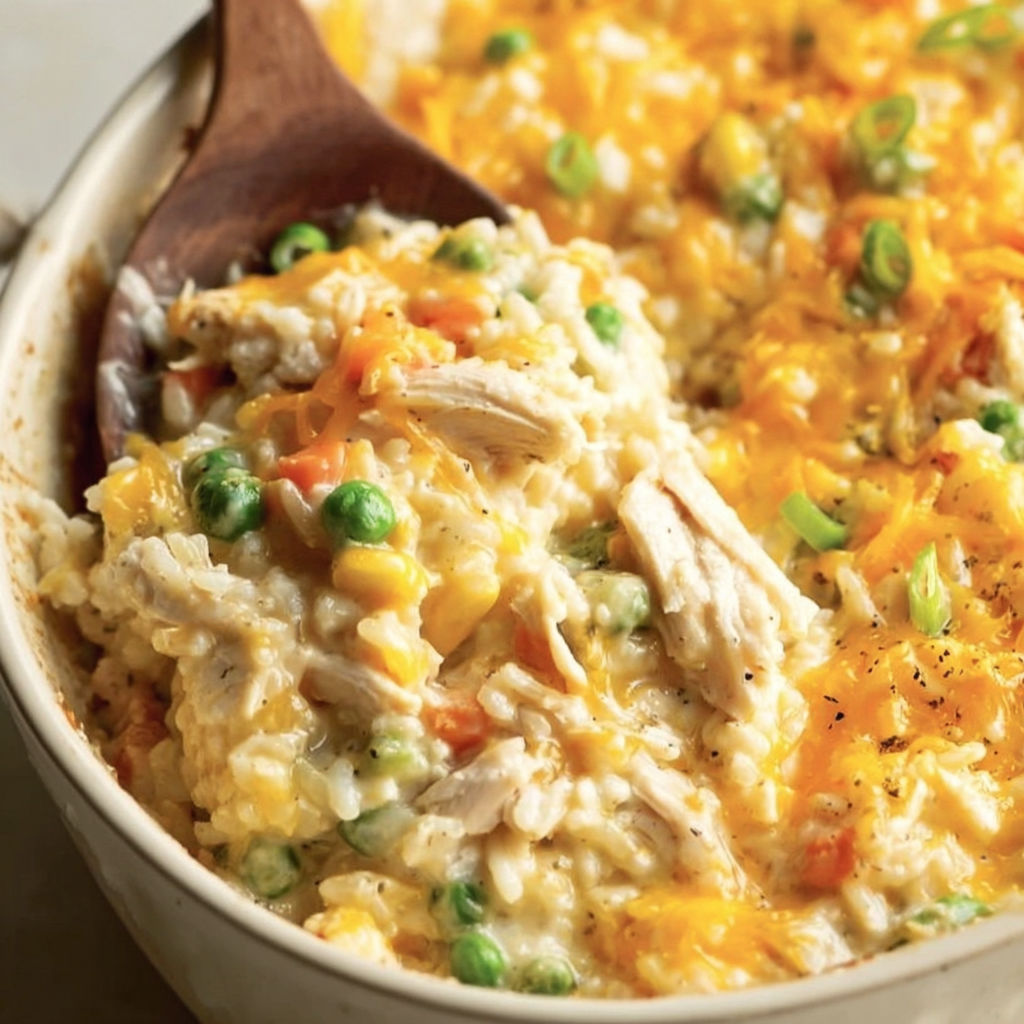 A bowl of chicken and rice casserole.