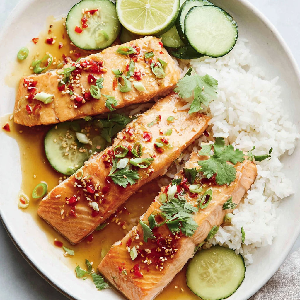 A plate of Sweet Chili Salmon with rice and cucumbers.