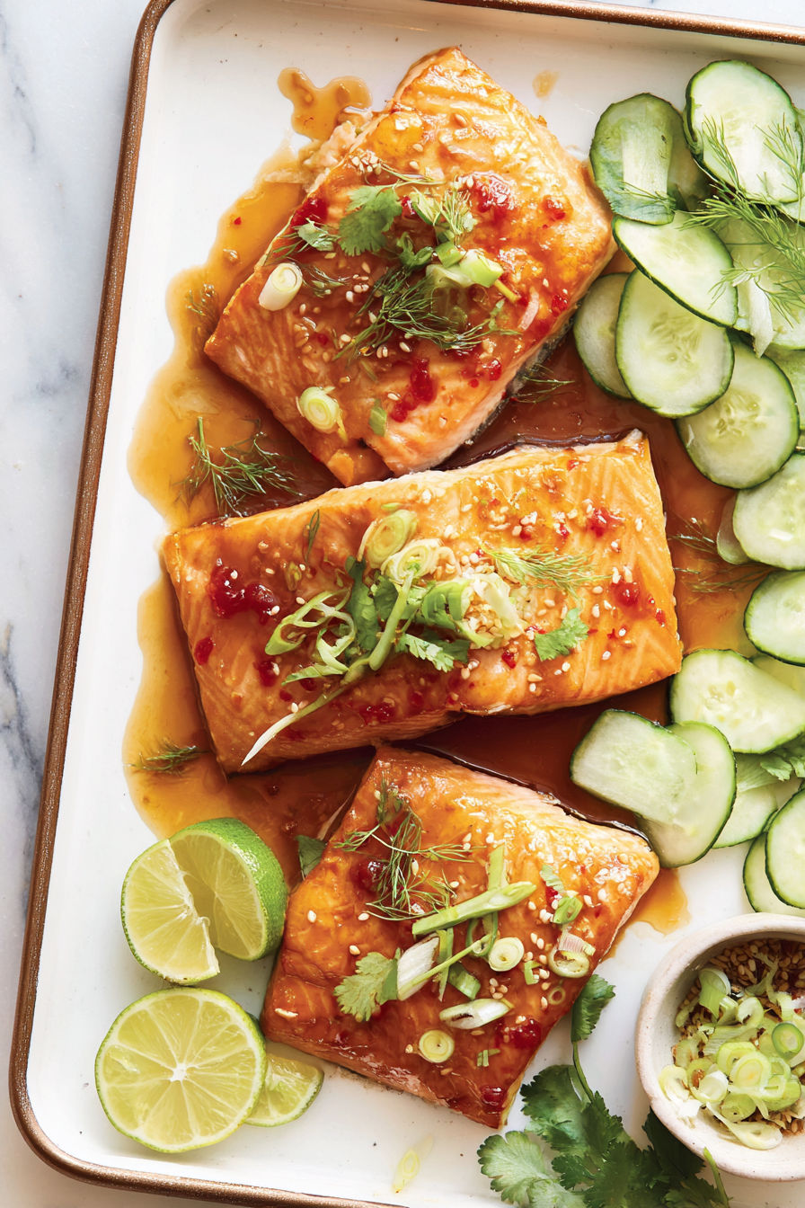 Sweet chili salmon with cucumbers and lime.