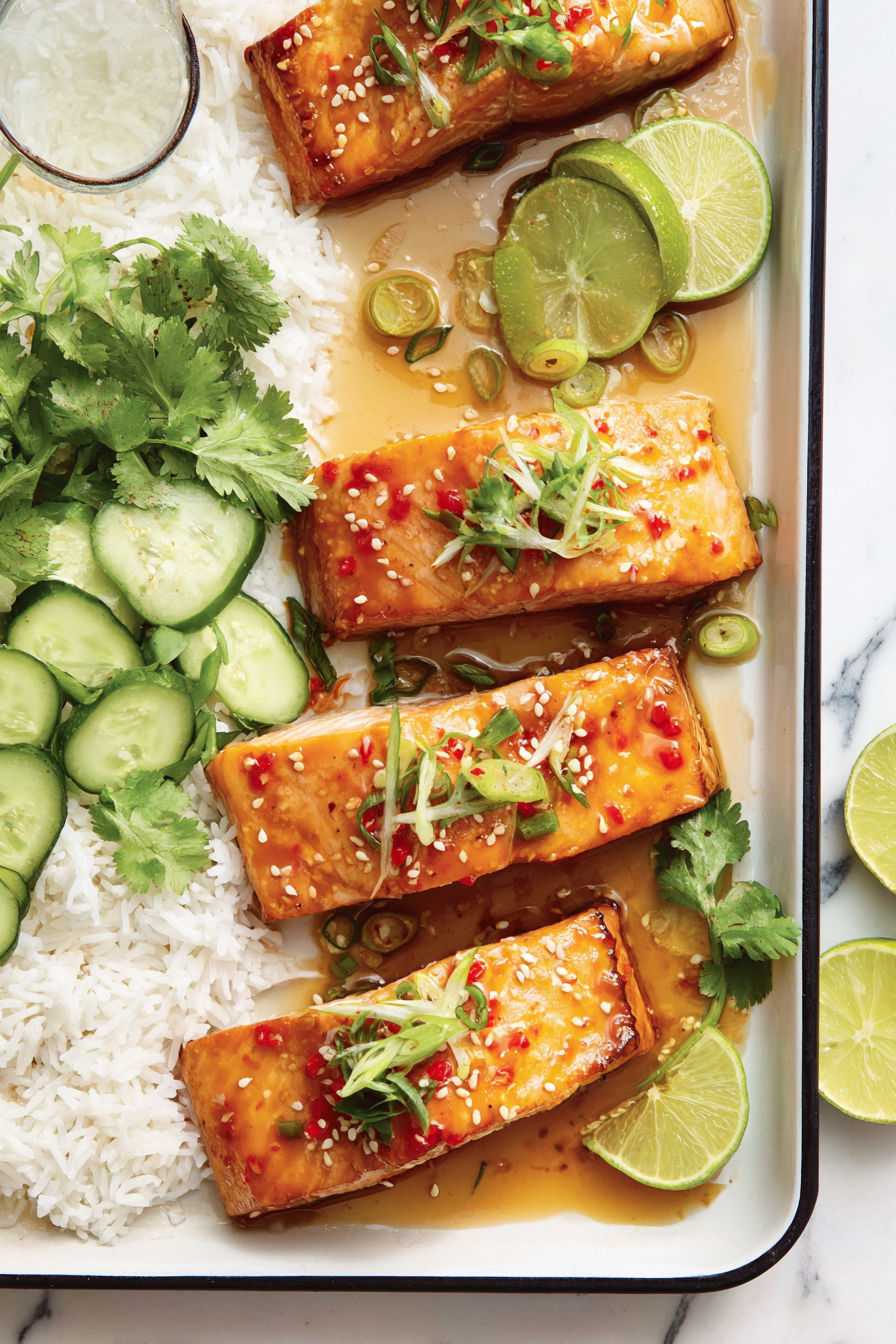 Sweet chili salmon with rice and cucumbers.
