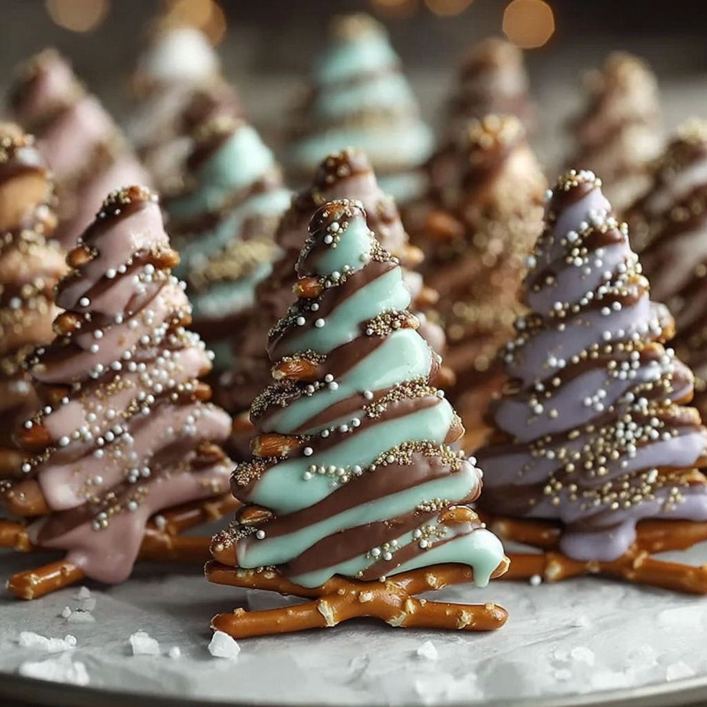 Chocolate pretzel trees on a table.