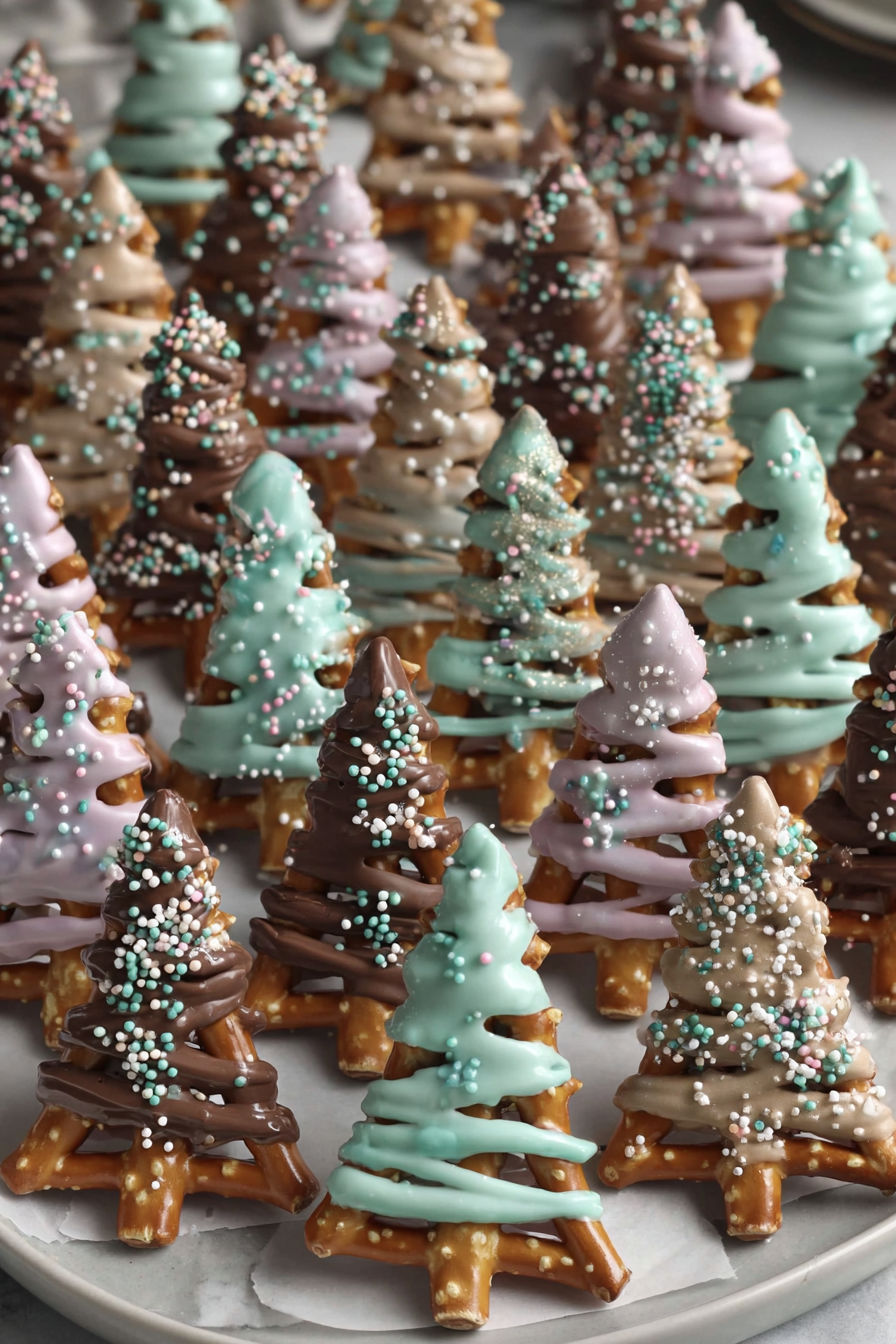Chocolate pretzel trees in various colors.