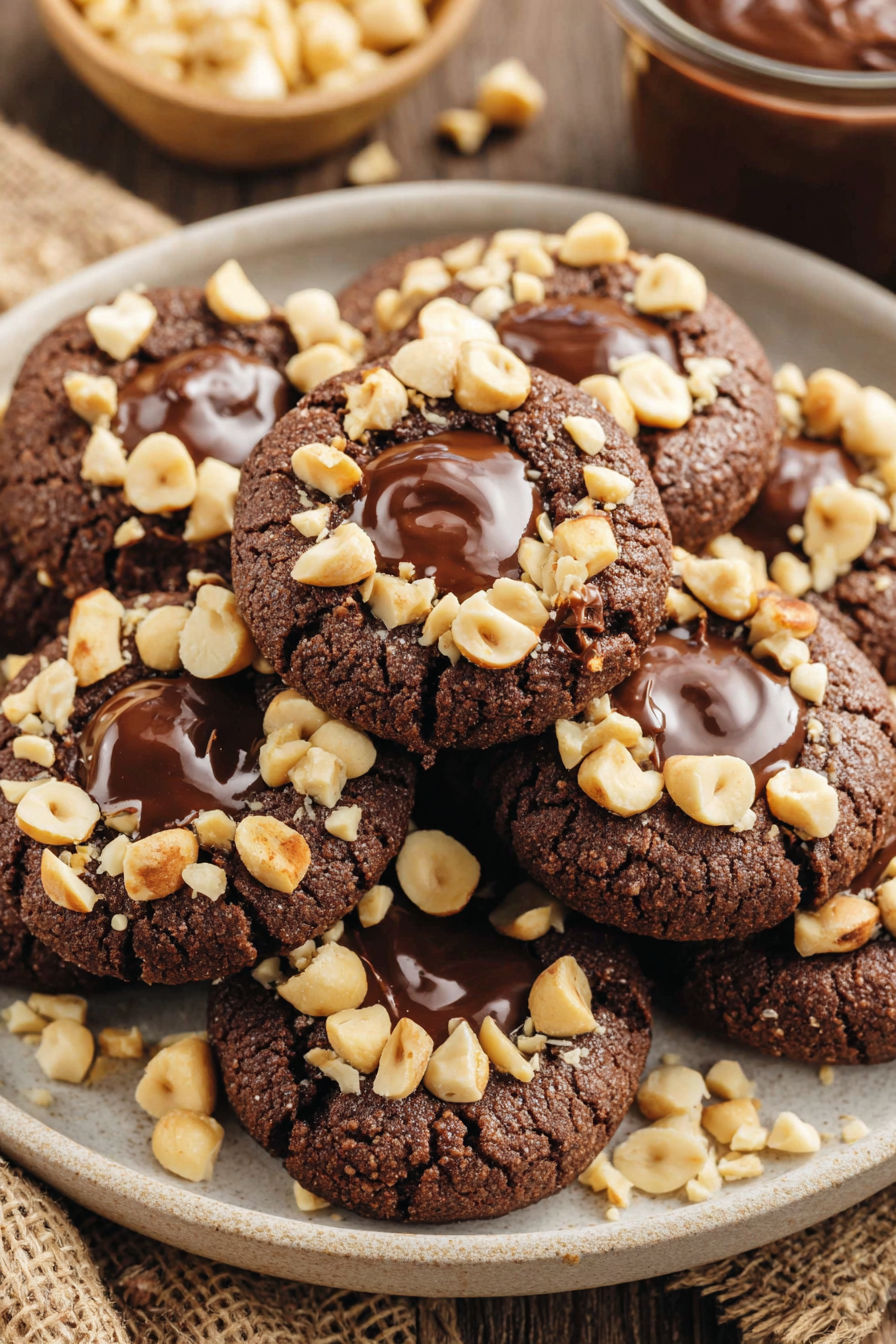 A plate of chocolate hazelnut thumbprint cookies.