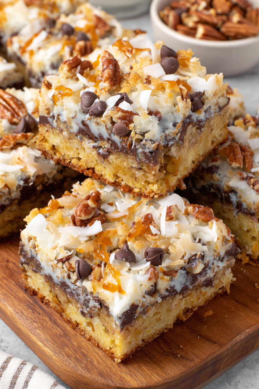 A close up of a 7 layer bar.