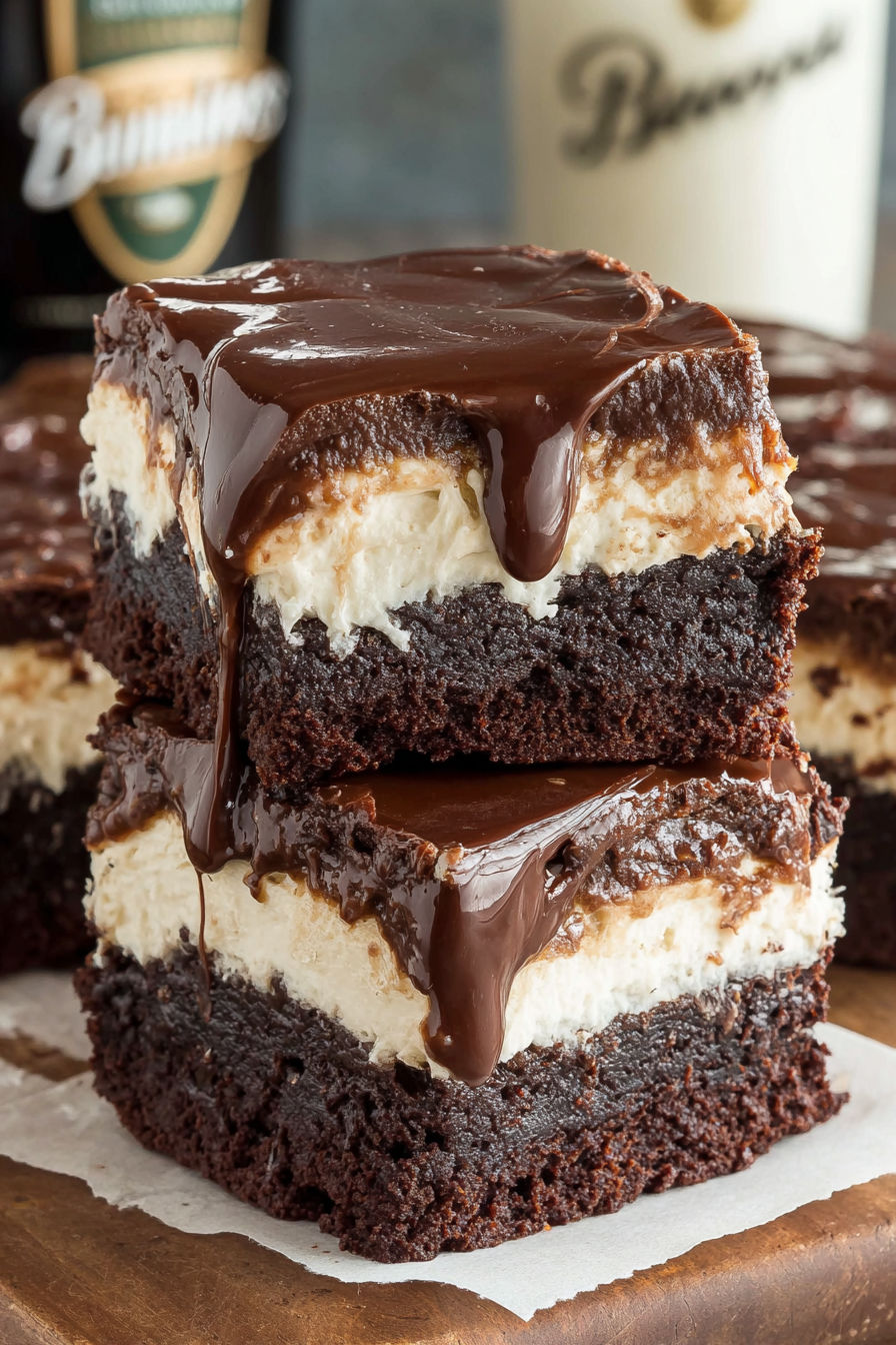 Baileys Brownies with chocolate drizzle.