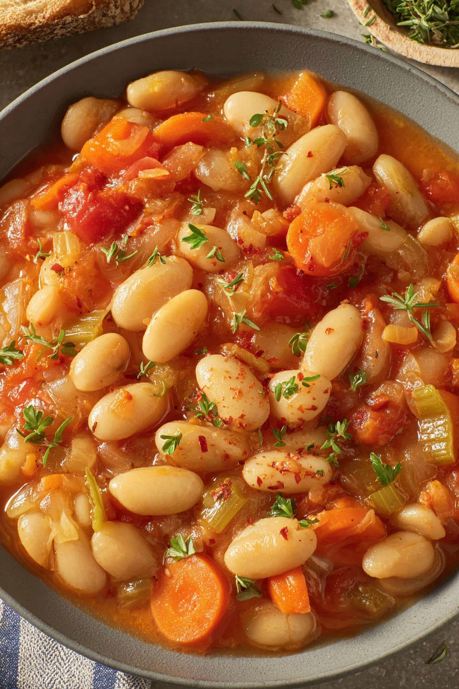 A bowl of stew with beans, carrots, and tomatoes.