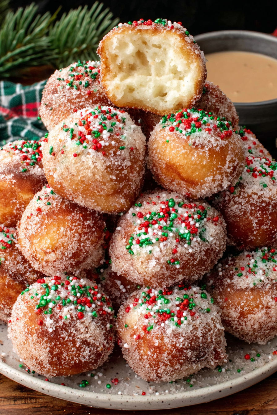 A stack of donuts with sprinkles on top.