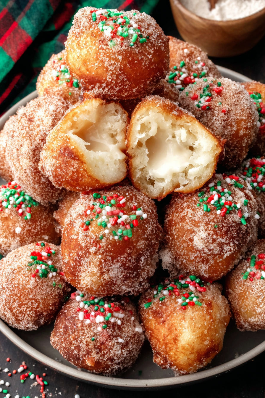 A plate of donuts with sprinkles and a hole in the center.