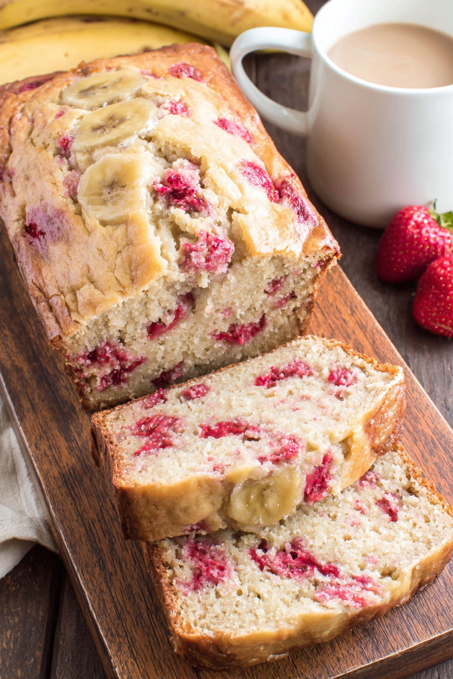 A slice of banana bread with strawberries on top.
