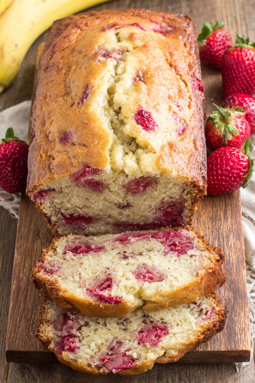 A slice of banana bread with strawberries on top.