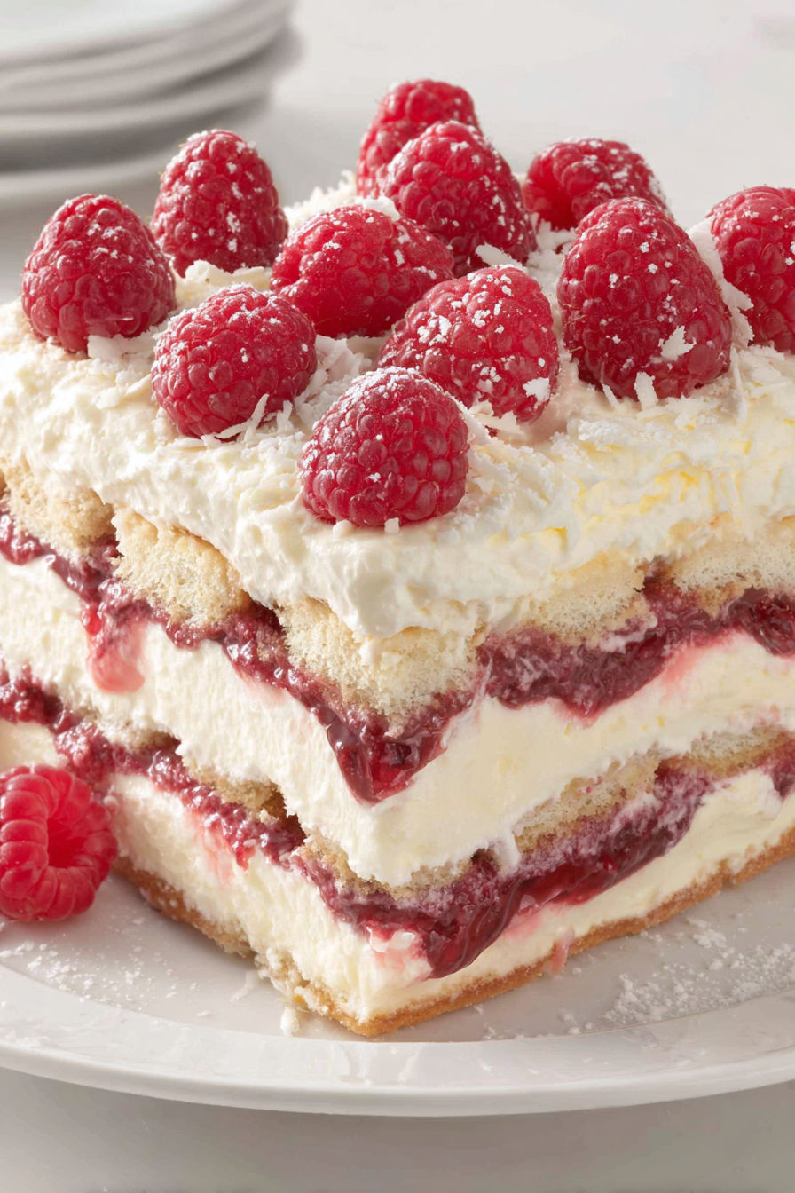 A slice of raspberry tiramisu.
