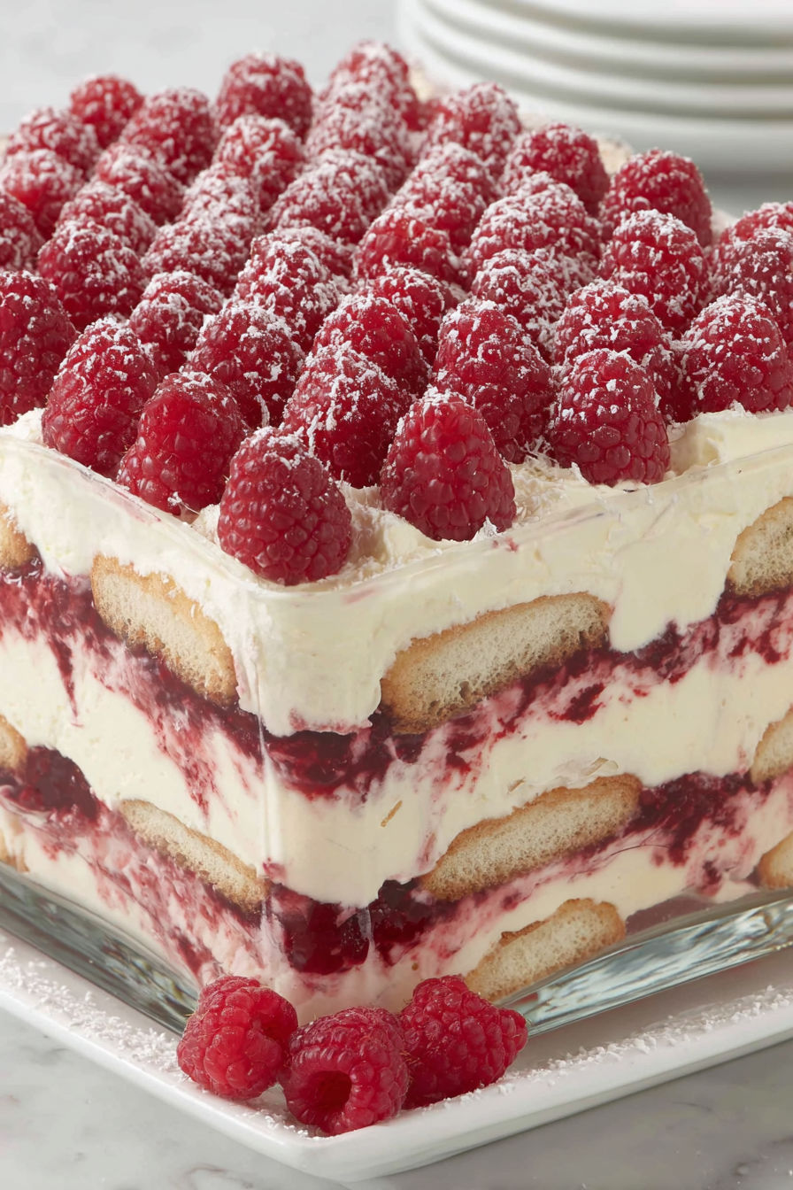 A close up of a raspberry tiramisu cake.