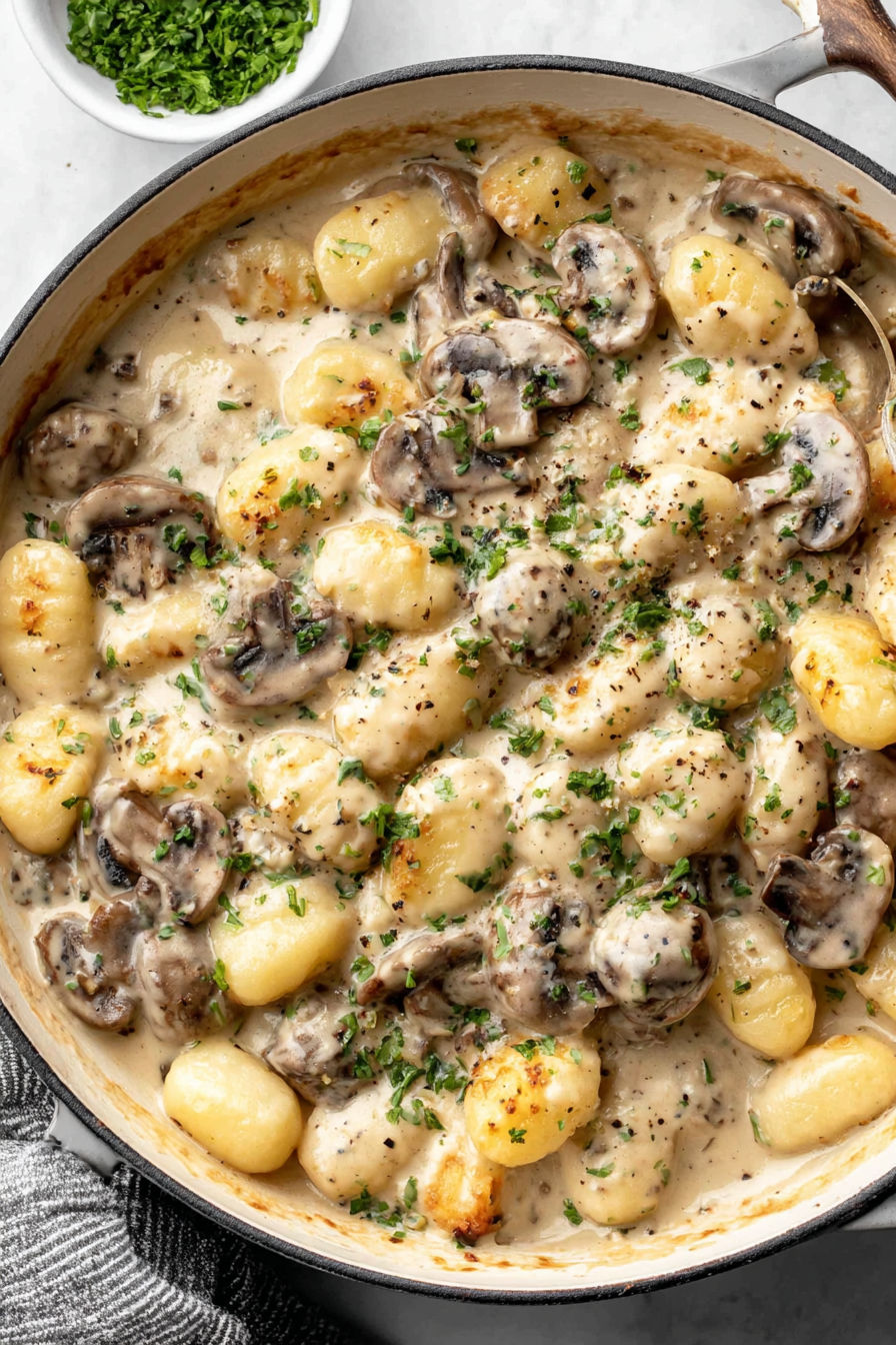 A close up of a delicious mushroom and potato dish.