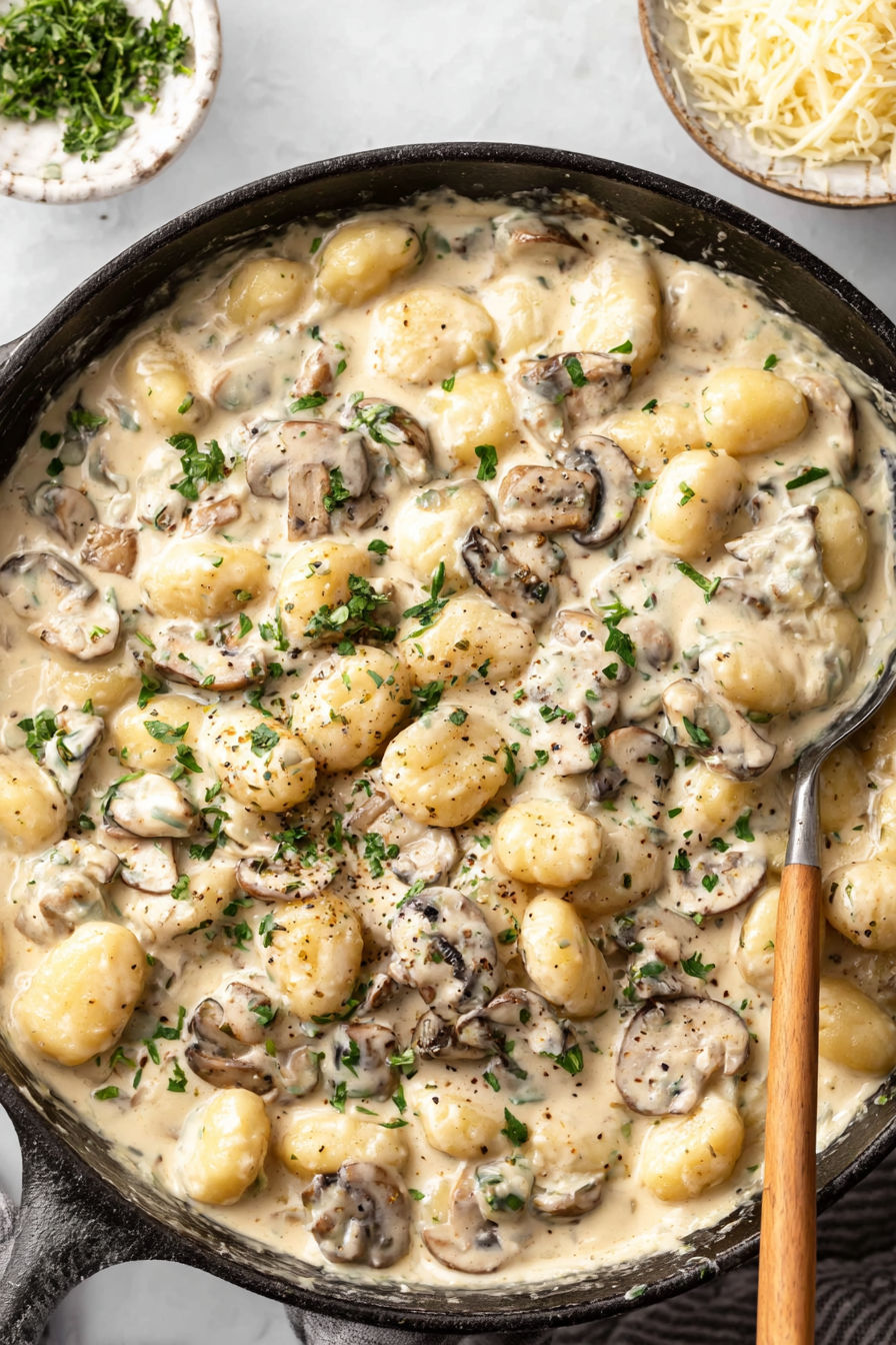 A bowl of food with mushrooms and potatoes.