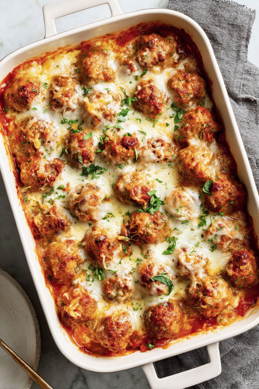 A dish of meatballs with cheese and sauce.