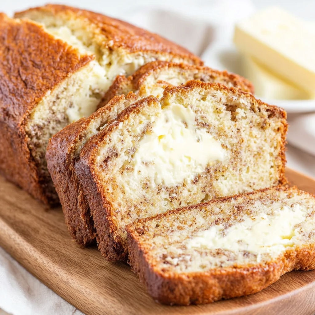 A slice of banana bread with cream cheese.